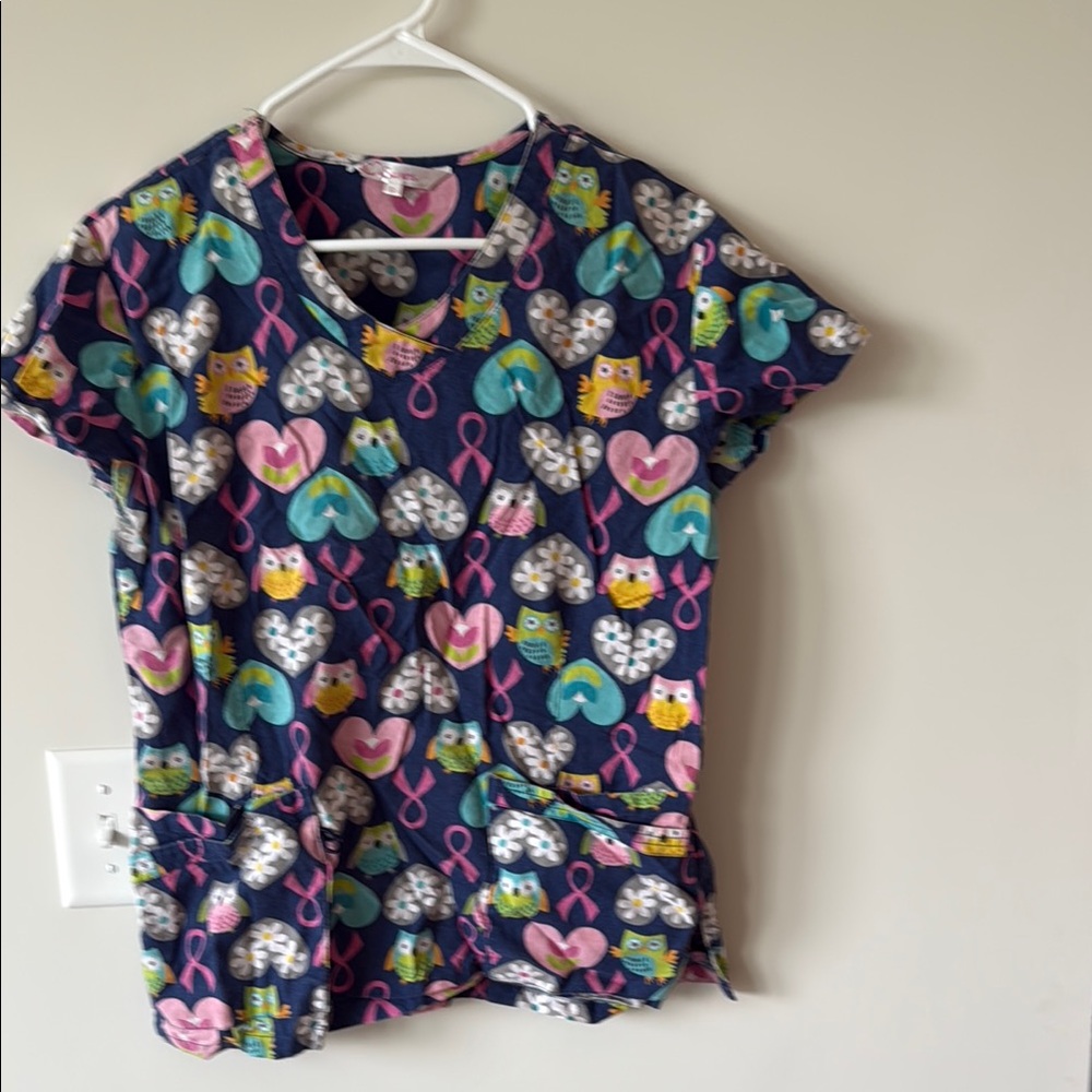 Colorful Owl Print Scrub Top
